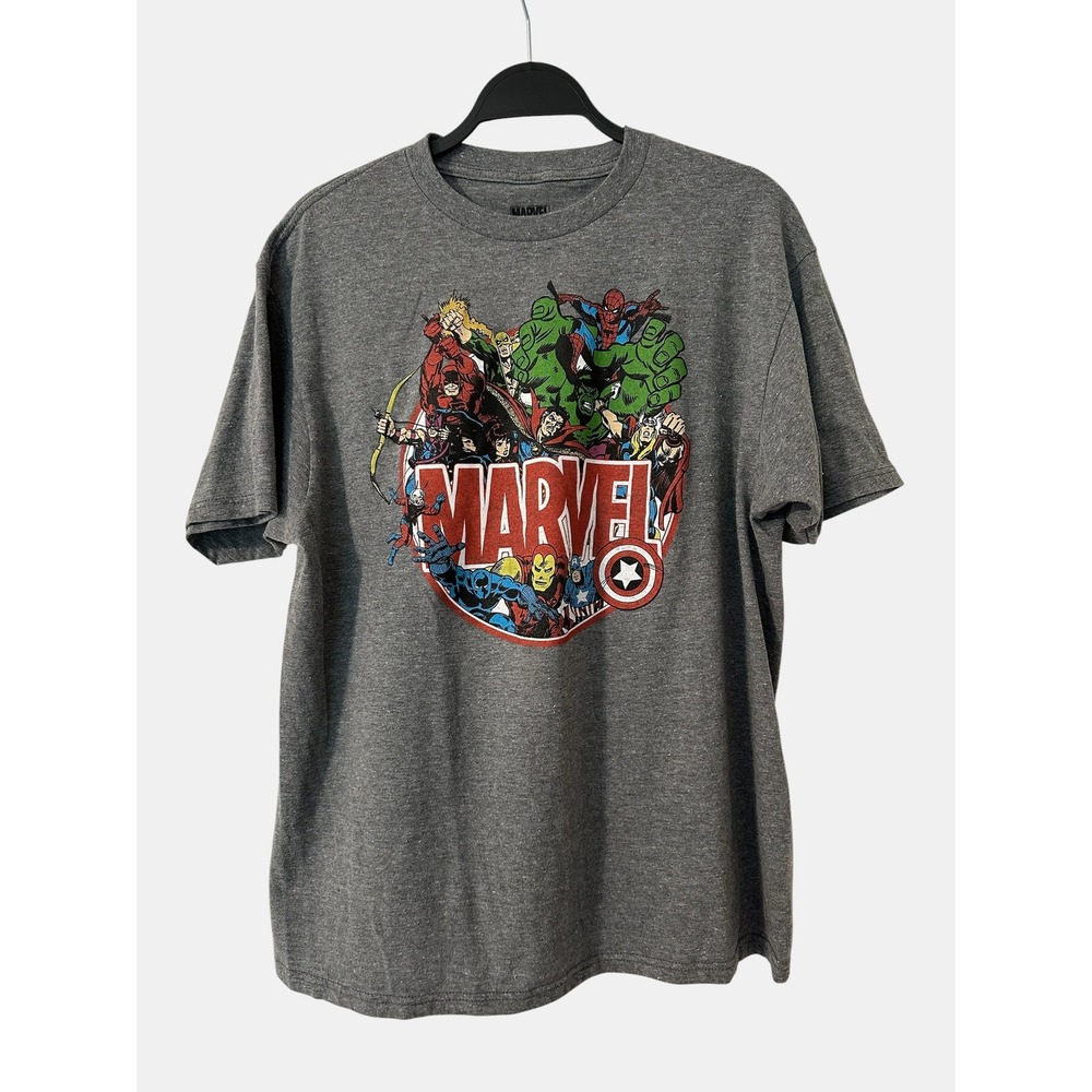 Marvel Superhero Graphic T-Shirt Gray Avengers Spider-Man Hulk Men's Large